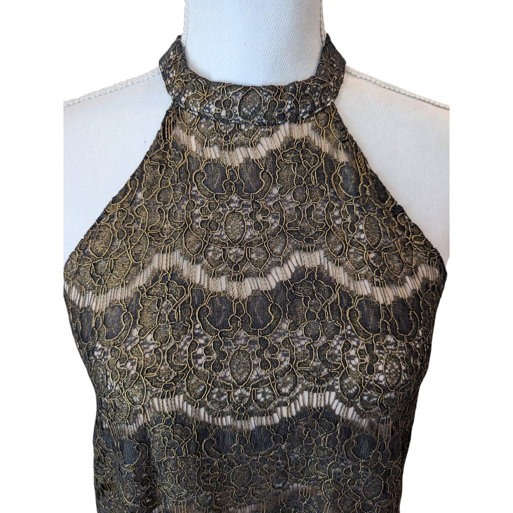Love Fire Halter Top Gold Metallic Lace Black Scalloped Nude Lining Sz M Dressy